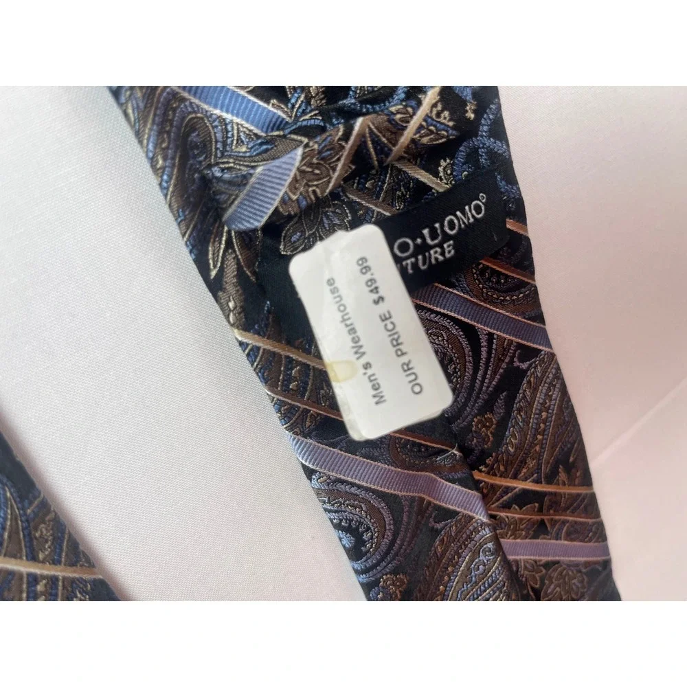 Pronto Uomo Couture Silk Tie Mens Paisley Floral Striped Blue Brown 100% Silk